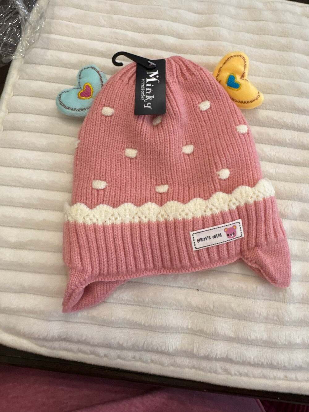 Pink knit girl hat beanie with white polka dots white scalloped trim fuzzy lined